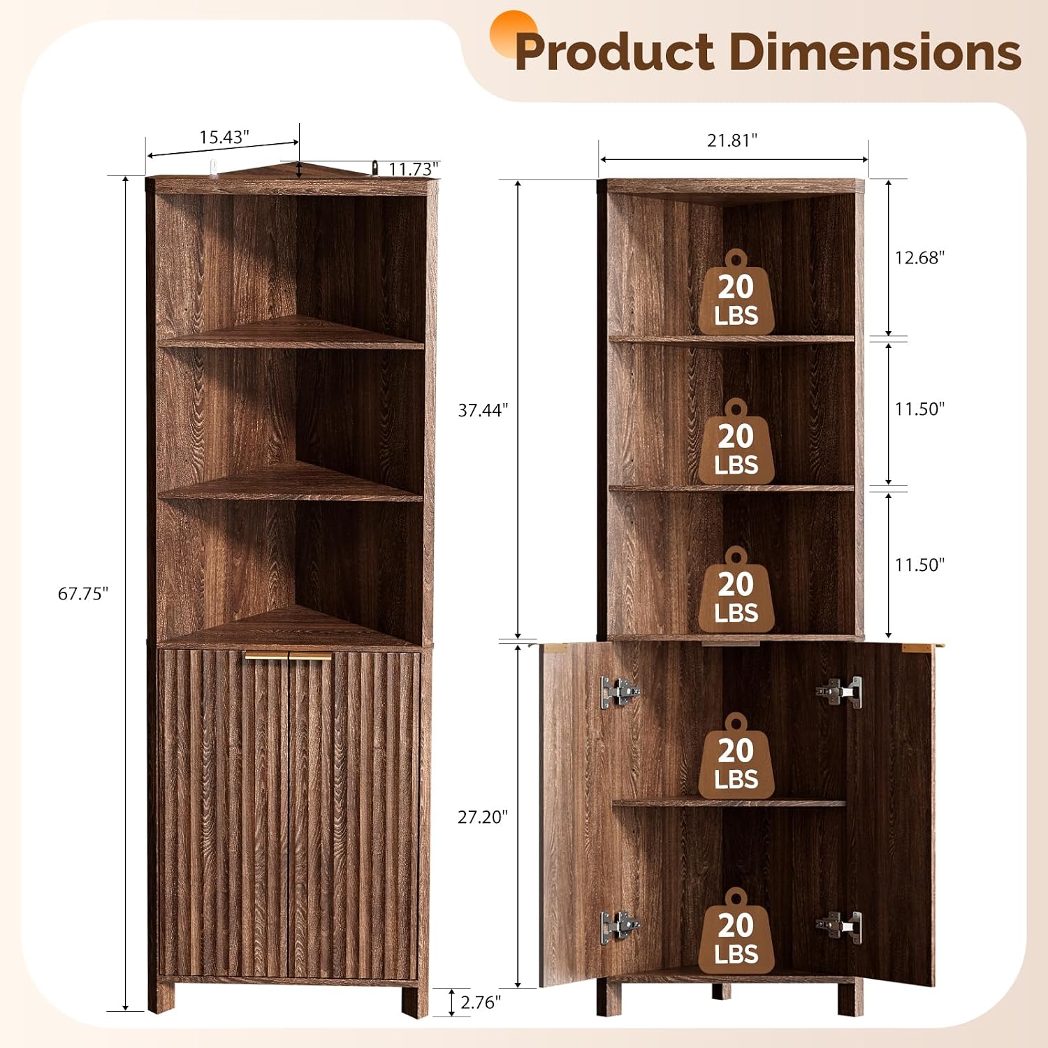 VINGLI Tall Corner Cabinet with Fluted Doors, 68' Walnut Corner Storage Cabinet with Adjustable Shelves, Freestanding Wood Corner Bookshelf for Bathroom, Living Room & Kitchen, Space-Saving
