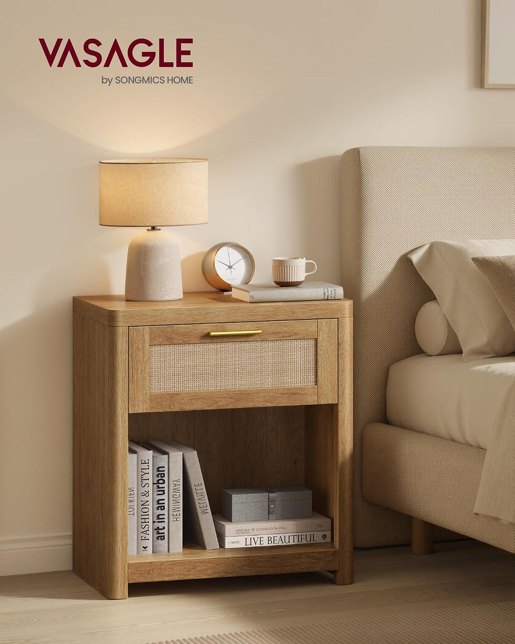 VASAGLE ELLAN Collection - Boho Nightstands with Rattan-Look Drawer, Set of 2 Accent Side End Tables with Open Compartment, Rounded Corners, for Bedroom Bedside, Natural Brown ULET818KC01