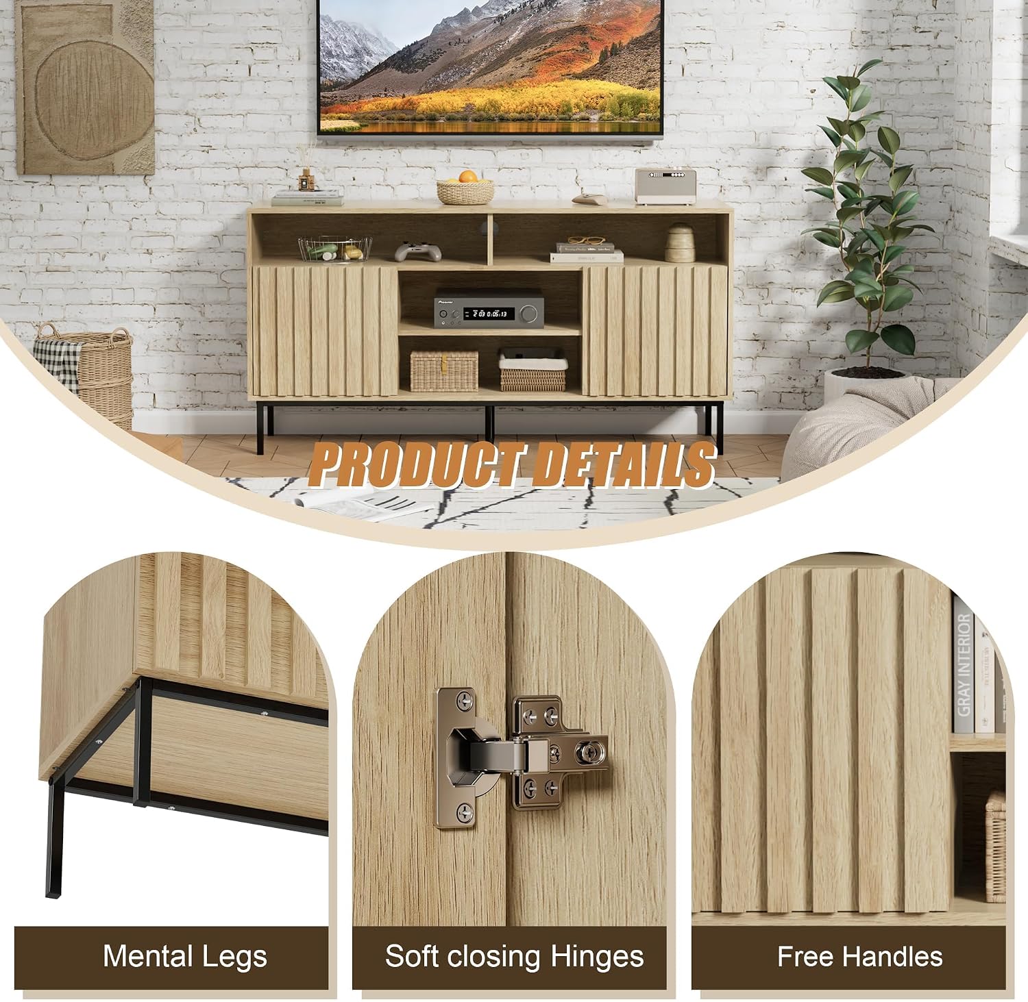 UEV Mid Century Modern 3-Piece Living Room Set,TV Stand Cabinet and 2 End Tables Set,Nightstand Set of 2, Wood Fluted TV Stand Sofa Side Table with 2 Drawers and Open Shelf for Living Room,Ivory White