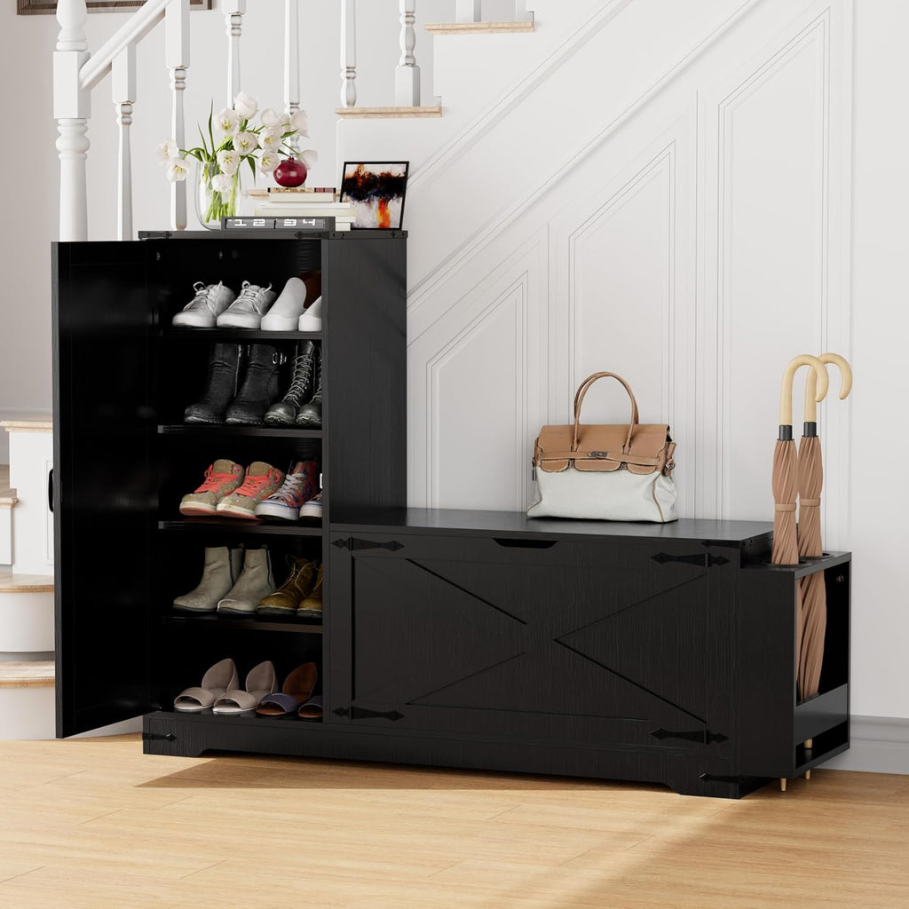 GOODONE 52' Farmhouse Shoe Cabinet with Bench, L-Shaped Shoe Storage Bench with Umbrella Stands, Tall Shoe Organizer Cabinet with Adjustable Shelves for Entryway, Living Room, and Stairwell(Black)