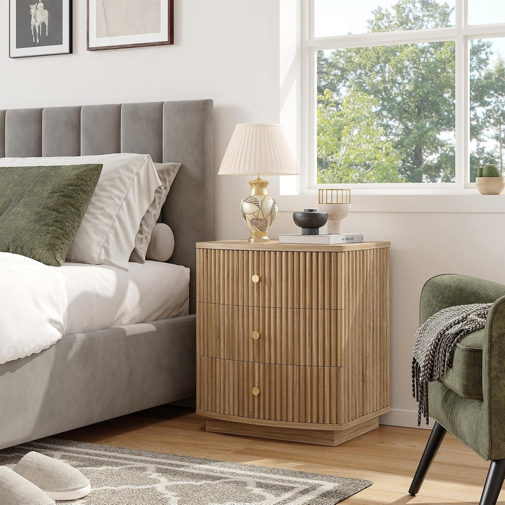 Dresser for Bedroom,6-Drawer Dresser, Mondern Wide Chest of Drawers with Fluted & Curved Design, Large Storage Chest for Bedroom, End Table for Living Rooms, （Natural*2）