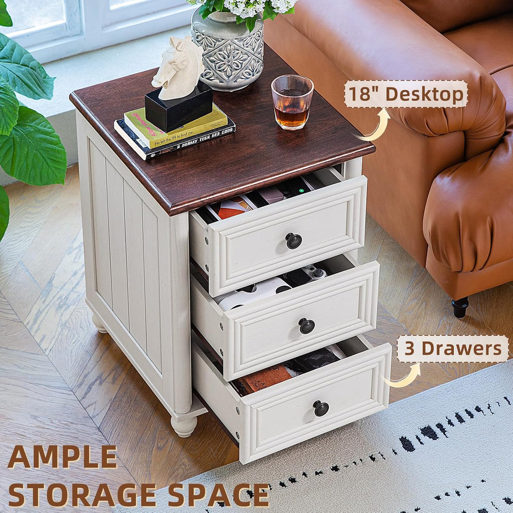 RWYHG 18' Farmhouse Night Stand Set of 2, White Wood Nightstand with 3 Drawers, Bedside End Table with Storage and Roman Column, Bed Side Tables Cabinet for Bedroom, Living Room, and Closet