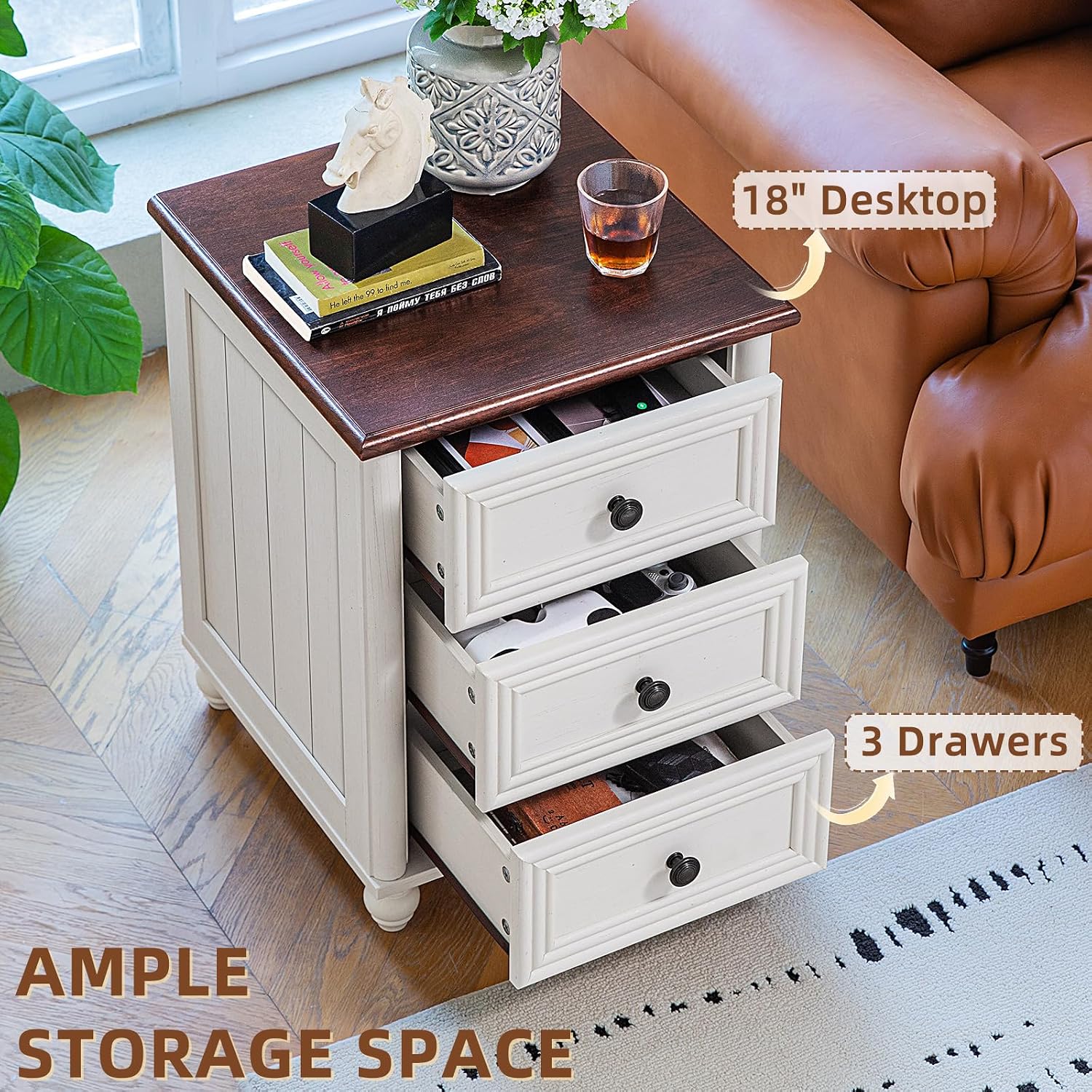 RWYHG 18' Farmhouse Night Stand Set of 2, White Wood Nightstand with 3 Drawers, Bedside End Table with Storage and Roman Column, Bed Side Tables Cabinet for Bedroom, Living Room, and Closet