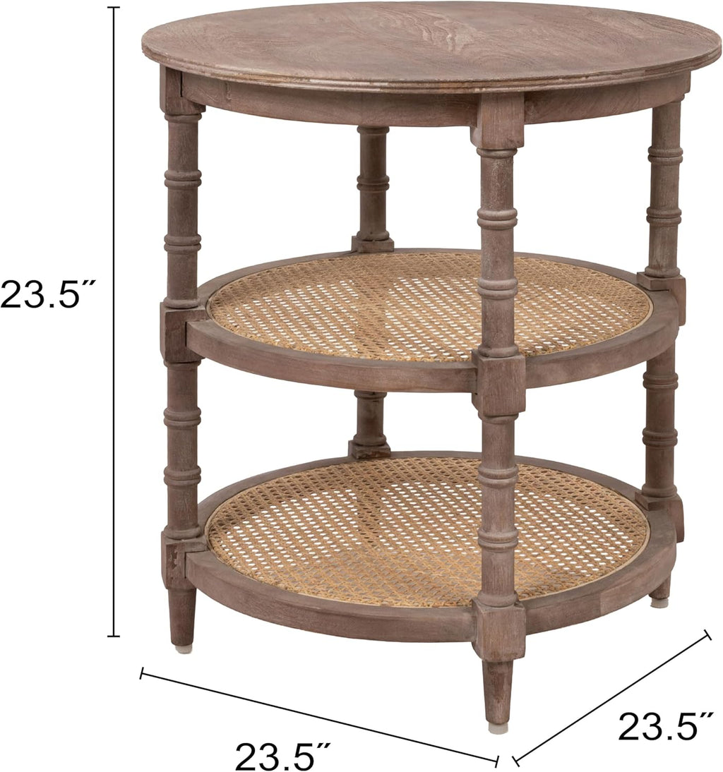 Creative Co-Op Round Mango Wood Table with 2 Cane Shelves