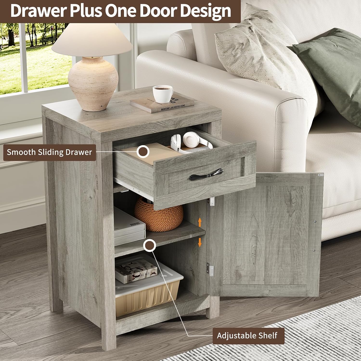 Farmhouse Nightstand Set of 2 with Drawer, 30' End Table with Storage Cabinet and Adjustable Shelf, Tall Bedside Table Rustic Wood Sofa Side Table for Living Room, Bedroom, Grey