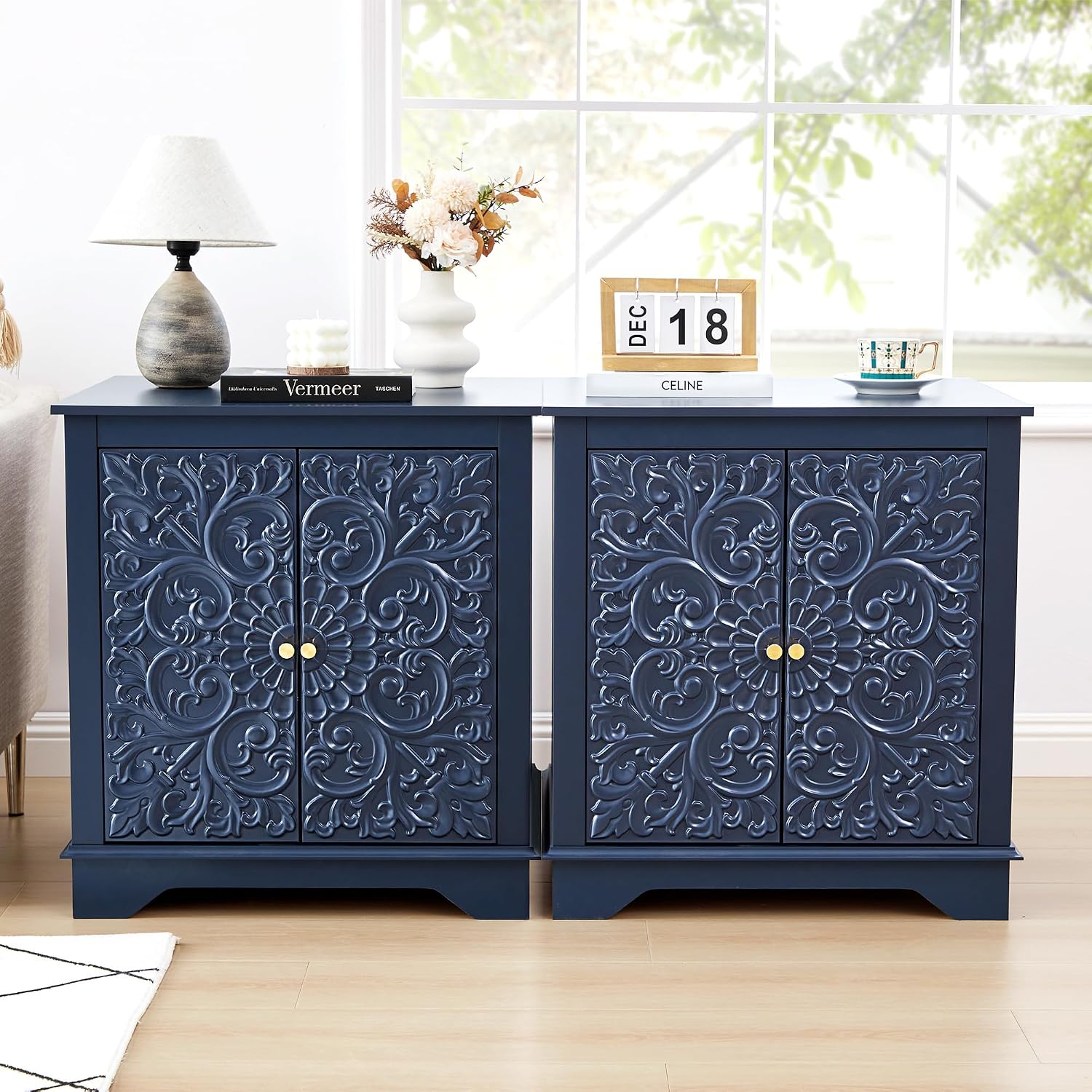 weselon End Table Set of 2, 24' Farmhouse Nightstand with Carved Floral Door & Adjustable Shelf, Square Wooden Sofa Side Table with Storage for Living Room Bedroom (Midnight Blue)
