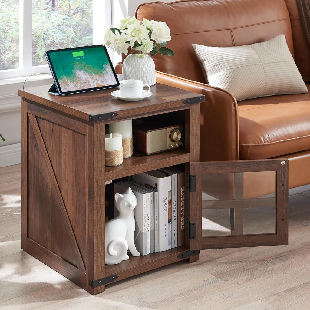 Barnyatoh Farmhouse Nightstand with Charging Station, Rustic End Table with Tempered Glass Barn Door, Wood Sofa Side Bedside Table with Open Storage Shelf for Living Room, Bedroom, Brown, 2 Pack