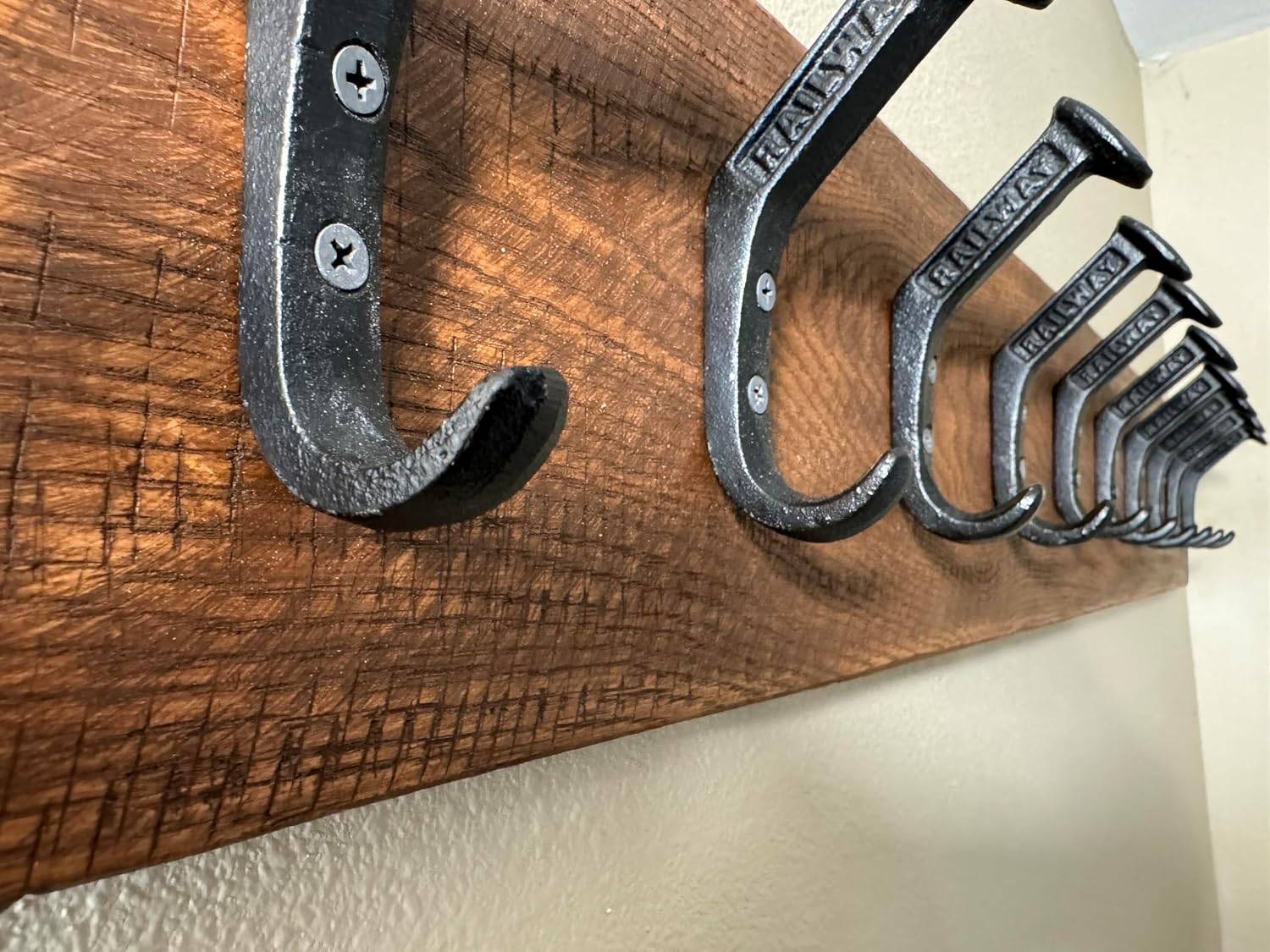 Magnolia Oaks Woodshop Rustic Reclaimed Wooden Wall Coat & Hat Rack - 10 Hooks / 45' Long - Farmhouse Handmade Wood Wall Rack with Railroad Spike Hooks
