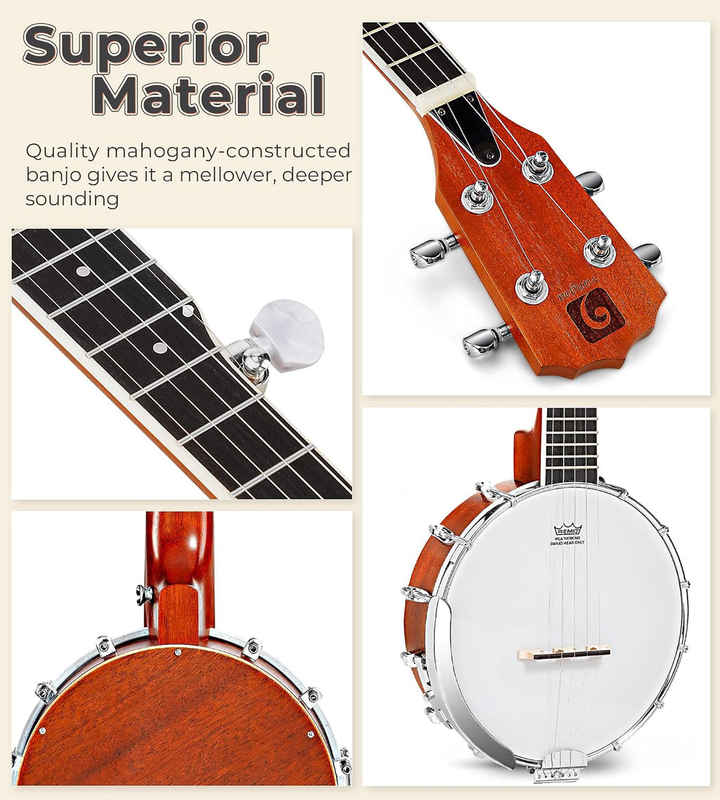Vangoa 5 String Banjo 26 Inch, MINI Travel Banjo Beginner Kit with Remo Head, Open Back & Closed Solid Back with beginner Kit, Comfortable Carrying Bag