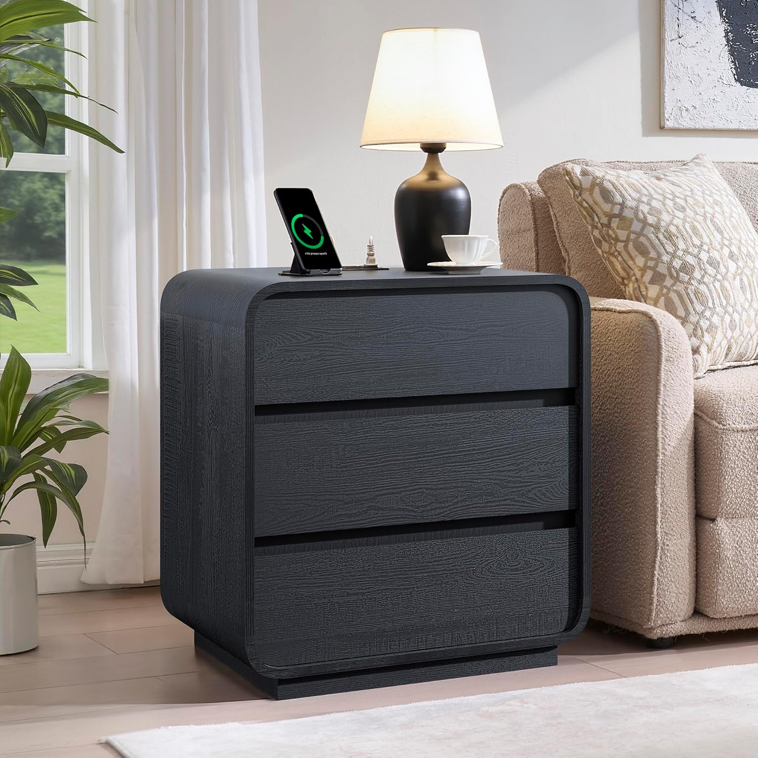 Standifurno Black Curved Night Stand Set of 2 with Charging Station, 25' Tall Wood Bedside Table Nightstand with 3 Storage Drawers, Mid Century Modern End Table for Bedroom, Office