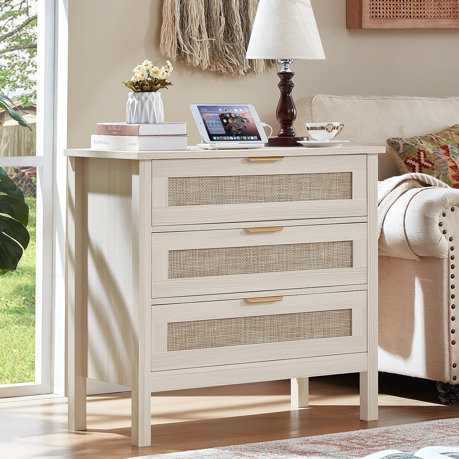 LEYAOYAO 31.5' Wide Rattan Nightstands Set of 2 with Charger Station, Large Boho 3 Drawer Night Stand, Grey White Bedside Table with Storage, Bed Side End Tables for Bedroom, Living Room, Hallway