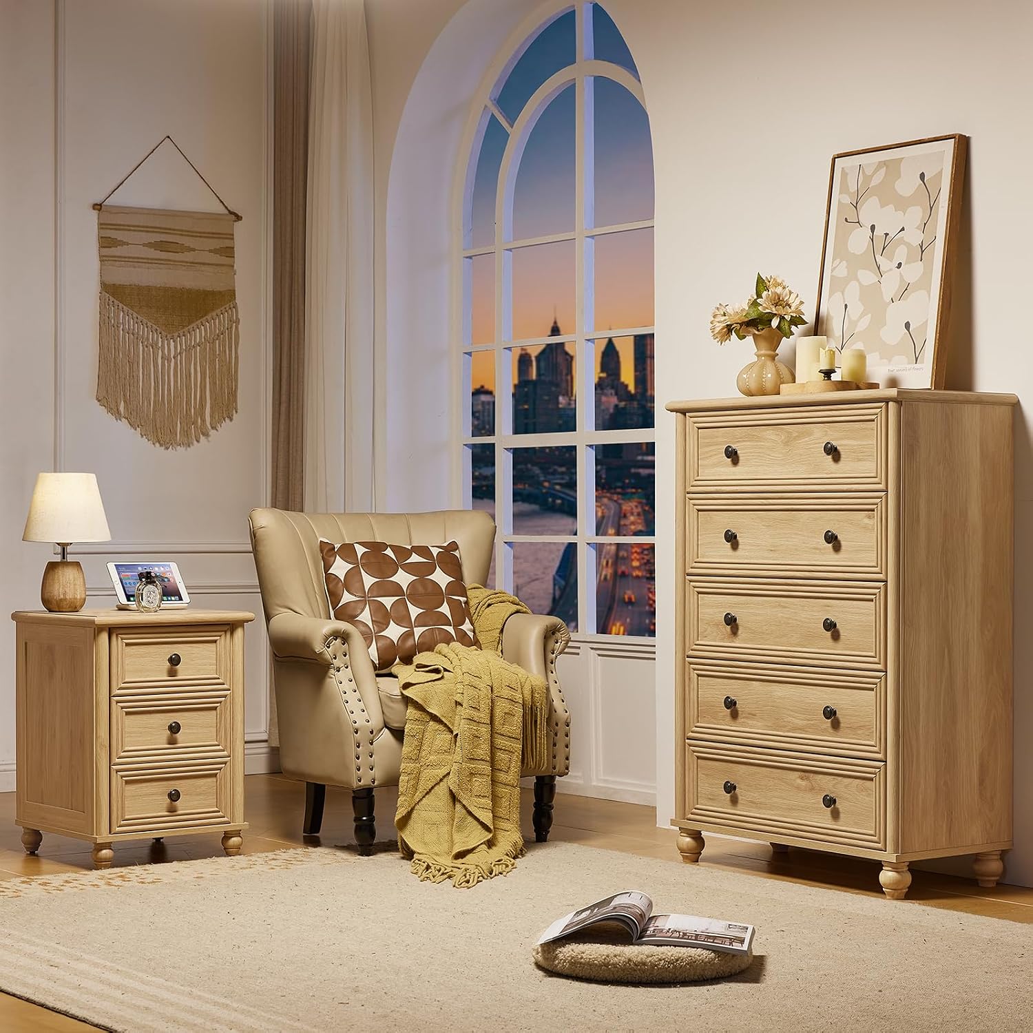 RWYHG 18' Farmhouse Night Stand Set of 2, Natural Wood Nightstand with 3 Drawers, Bedside End Table with Storage and Roman Column, Bed Side Tables Cabinet for Bedroom, Living Room, and Closet