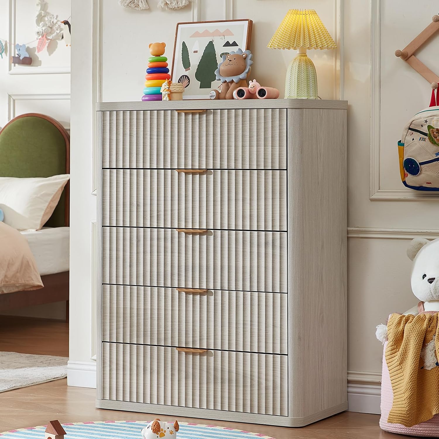 LEYAOYAO Fluted 5 Drawers Dresser Set of 2, 41' Tall Modern Chest of Drawers with Metal Handle, Curved Profile Dresser TV Stand, Wooden Drawer Organizer for Bedroom, Living Room, Hallway, Lightgrey