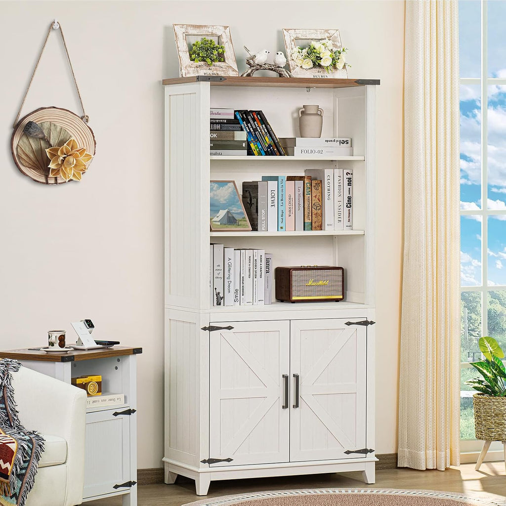 Joaxswe 5 Tier Bookshelf 70in Tall Bookcase with Barn Doors and Storage Cabinet, White Farmhouse Book Shelf with Adjustable Shelves, Wood Freestanding Display Bookshelves for Bedroom, Living Room