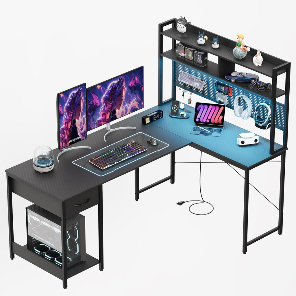 Apicizon L Shaped Gaming Desk 53', Reversible Corner Computer Desk with LED Lights, Carbon Fiber Surface, Pegboard with Hooks, Drawer & PC Tower Stand, USB Charging Port