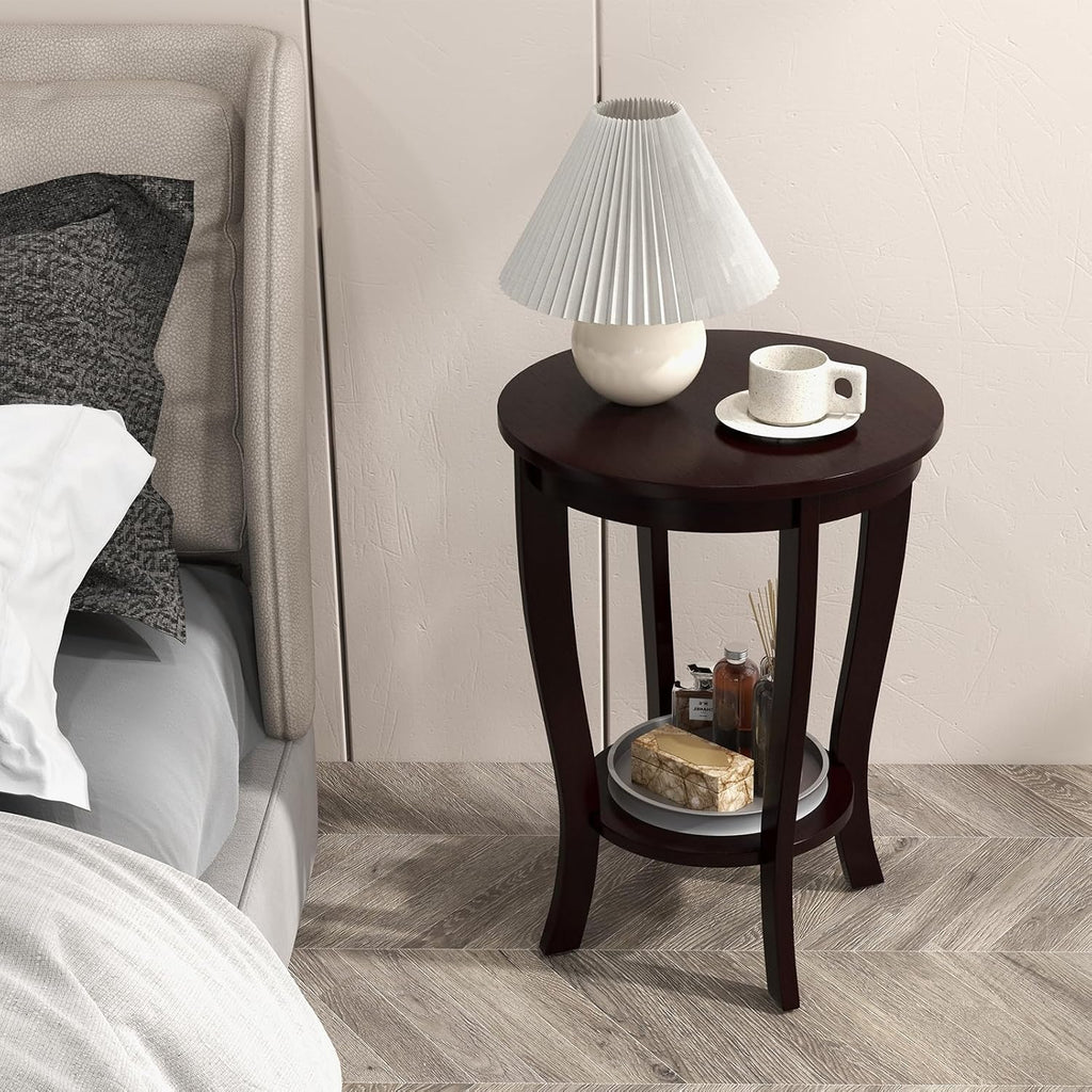 Giantex Round End Tables Set of 2, 2 Tier Side Table with Storage Shelf and Solid Wood Legs, 18' x 18' Accent Table for Corner Small Spaces, Compact Night Stand for Living Room Bedroom, Espresso