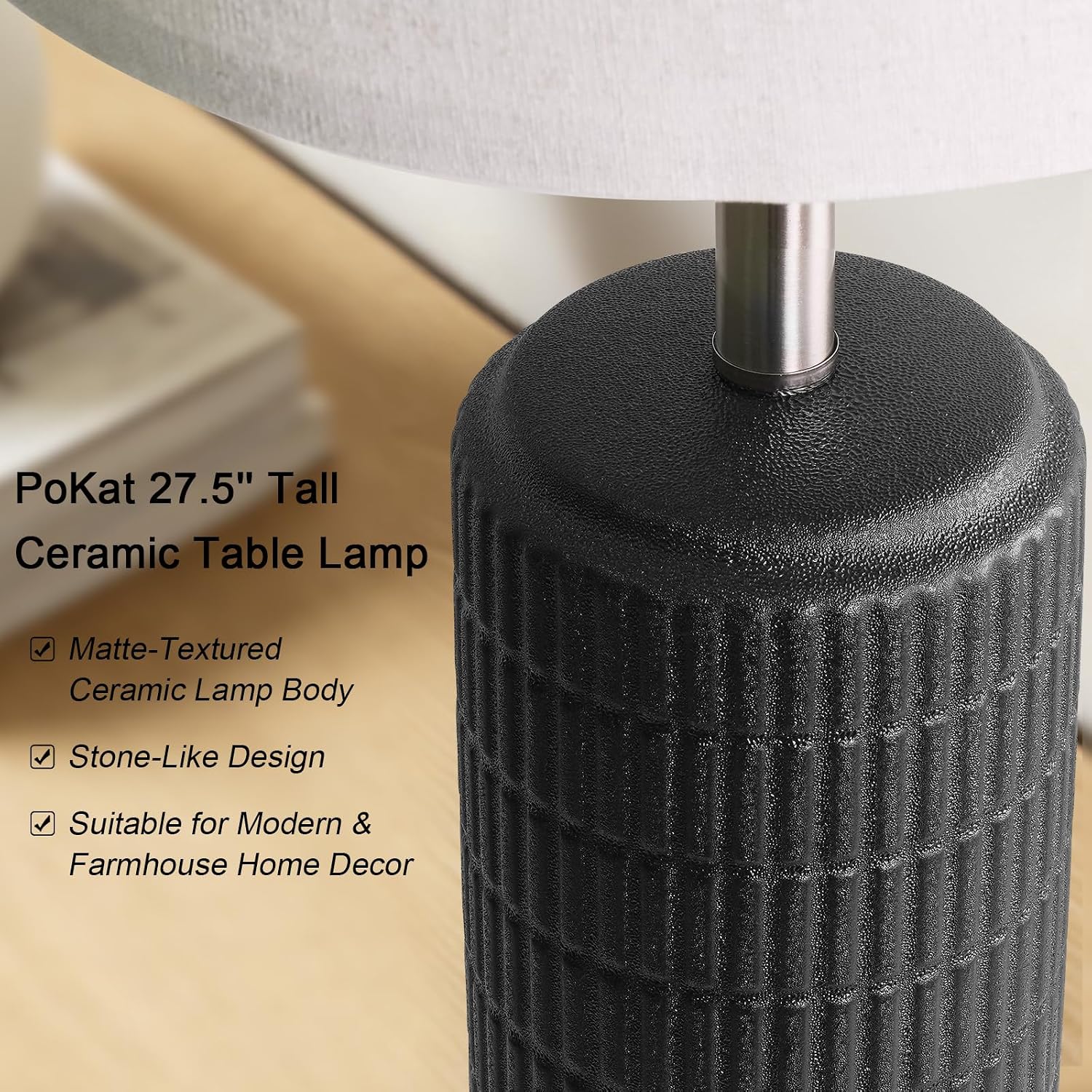 PoKat 27.5'' Tall Table Lamps Set of 2 for Living Room, Matte-Textured Farmhouse Ceramic Bedside Lamps for Bedroom, Modern Nightstand Lamps for Office Sideboard Hallway Home Decor, Matte Black