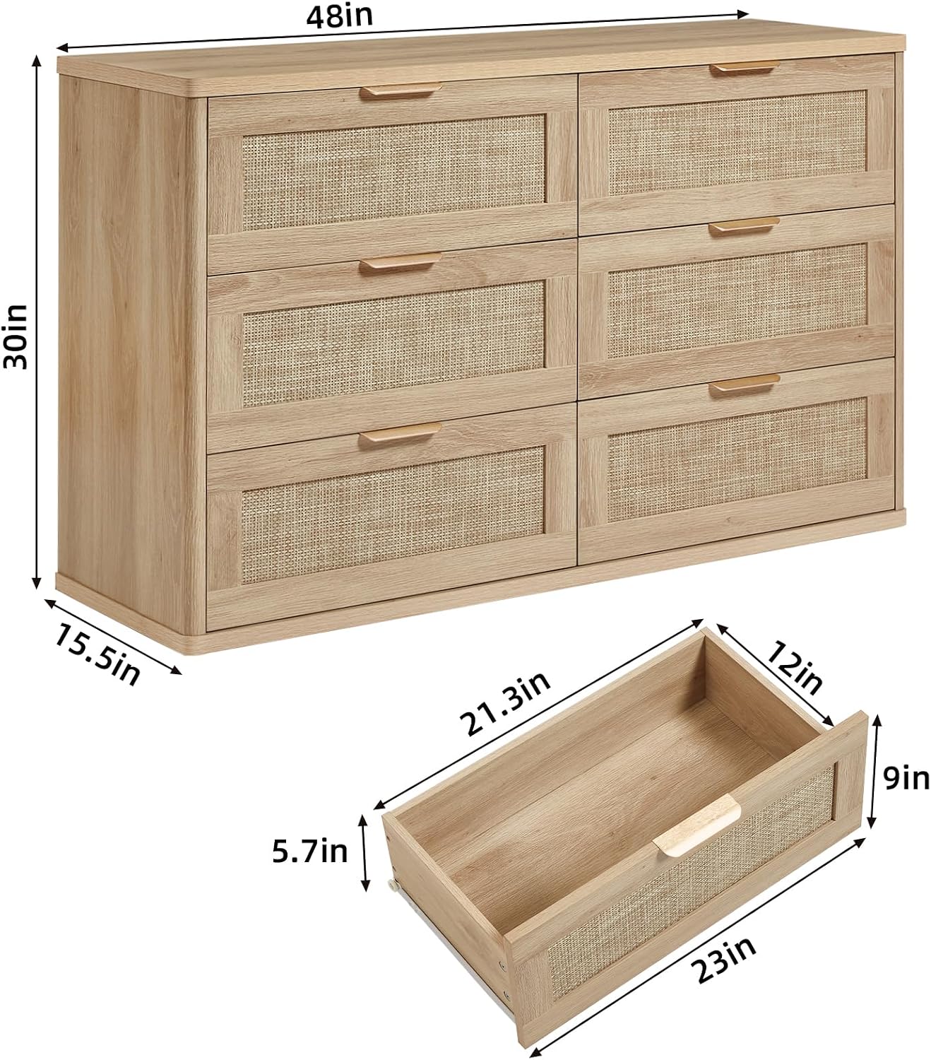 LEYAOYAO Rattan 6 Drawer Dresser for Bedroom, Boho 48' Wide Natural Wood Dresser Chest of Drawers, Dressers TV Stand with Metal Handle, Storage Dressers Closet Organizer for Living Room, Hallway