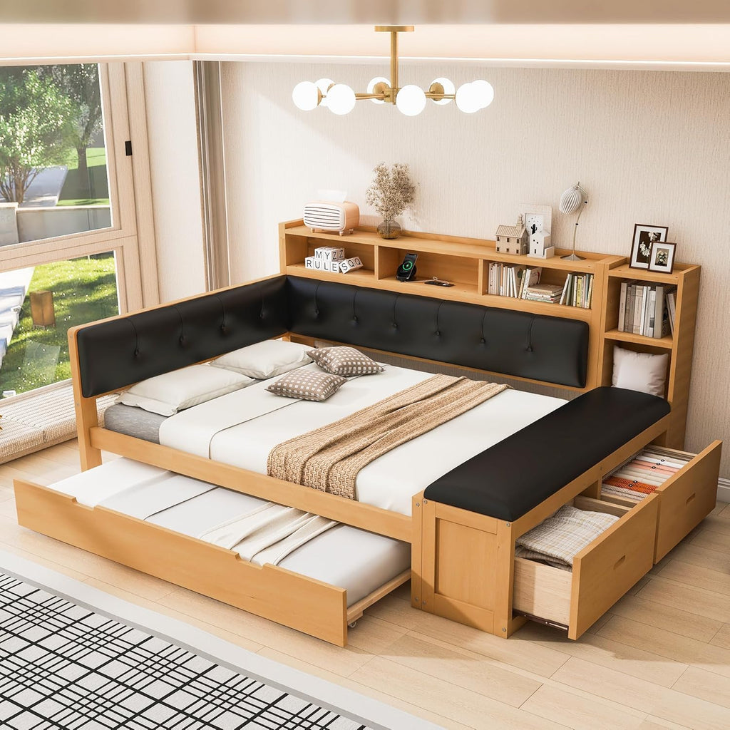 Harper & Bright Designs Full Size Daybed Sofa Bed with Trundle and L-Shaped Upholstered Headboard, Wooden Corner Platform Bed Frame with Storage Shelves, Bench, Charging Station, Natural Color+Black