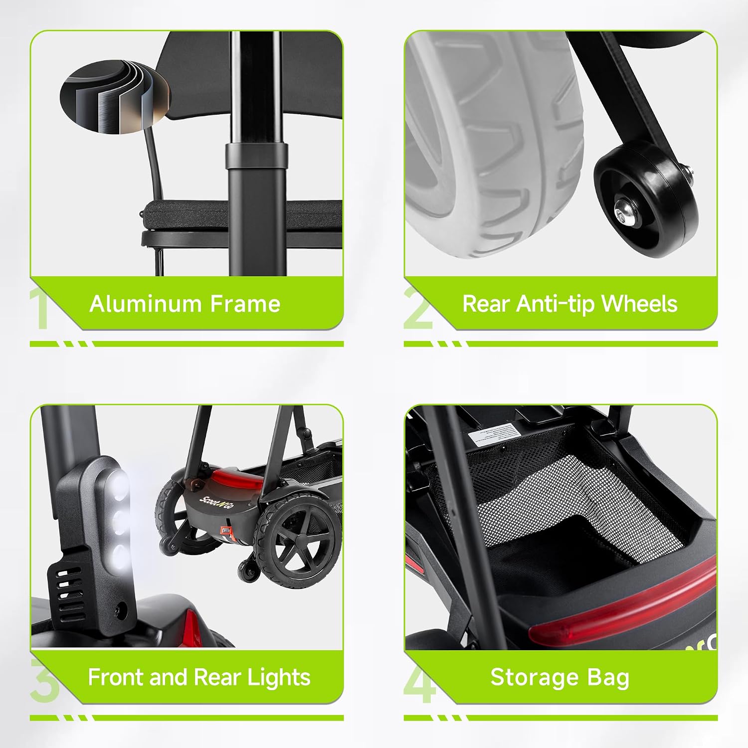 SCOOTNGO Mobility Scooters for Seniors, 4 Wheel Foldable Lightweight Airline Approved Mobility Scooter for Adults, Dual Batteries, Portable, No Assembly Needed (Black Red, with Folding Trailer)