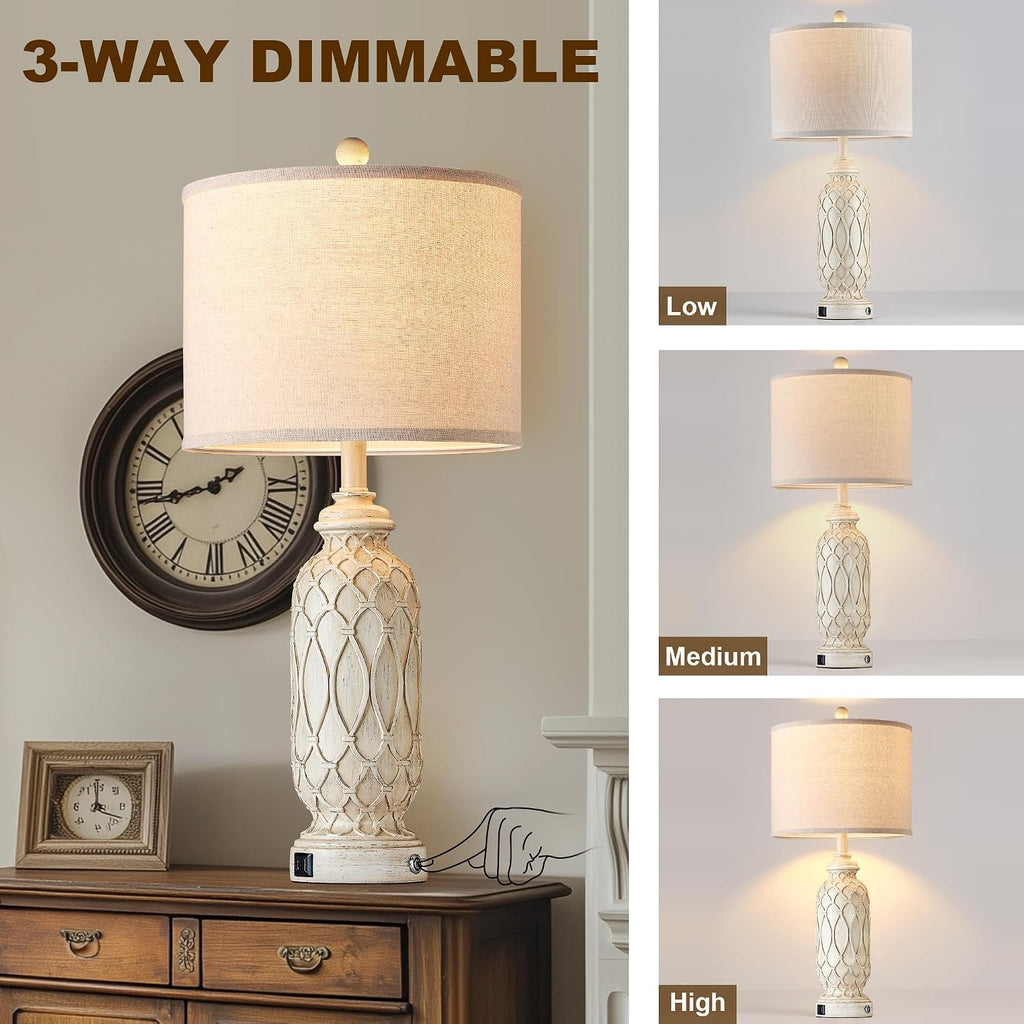 Farmhouse Lamps for Living Room Set of 2, 28' Table Lamps for Bedroom with USB A+C Charging Ports, Touch Lamps for Nightstand, 2 Bulbs Included