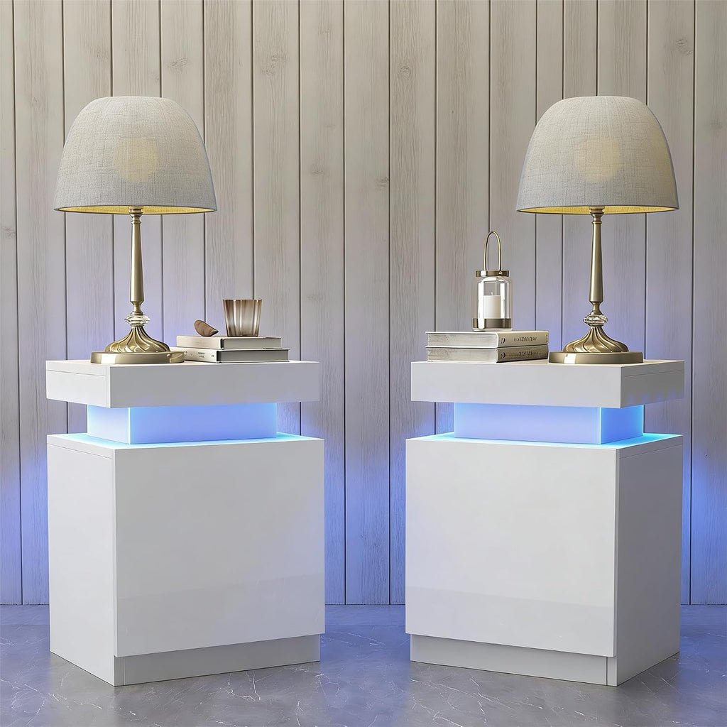 Nightstands Set 2, 17 Inches Modern Bedside Table with LED Lights, LED Night Stand Set of 2, High Gloss Surface, Side Table with Storage for Bedroom, White