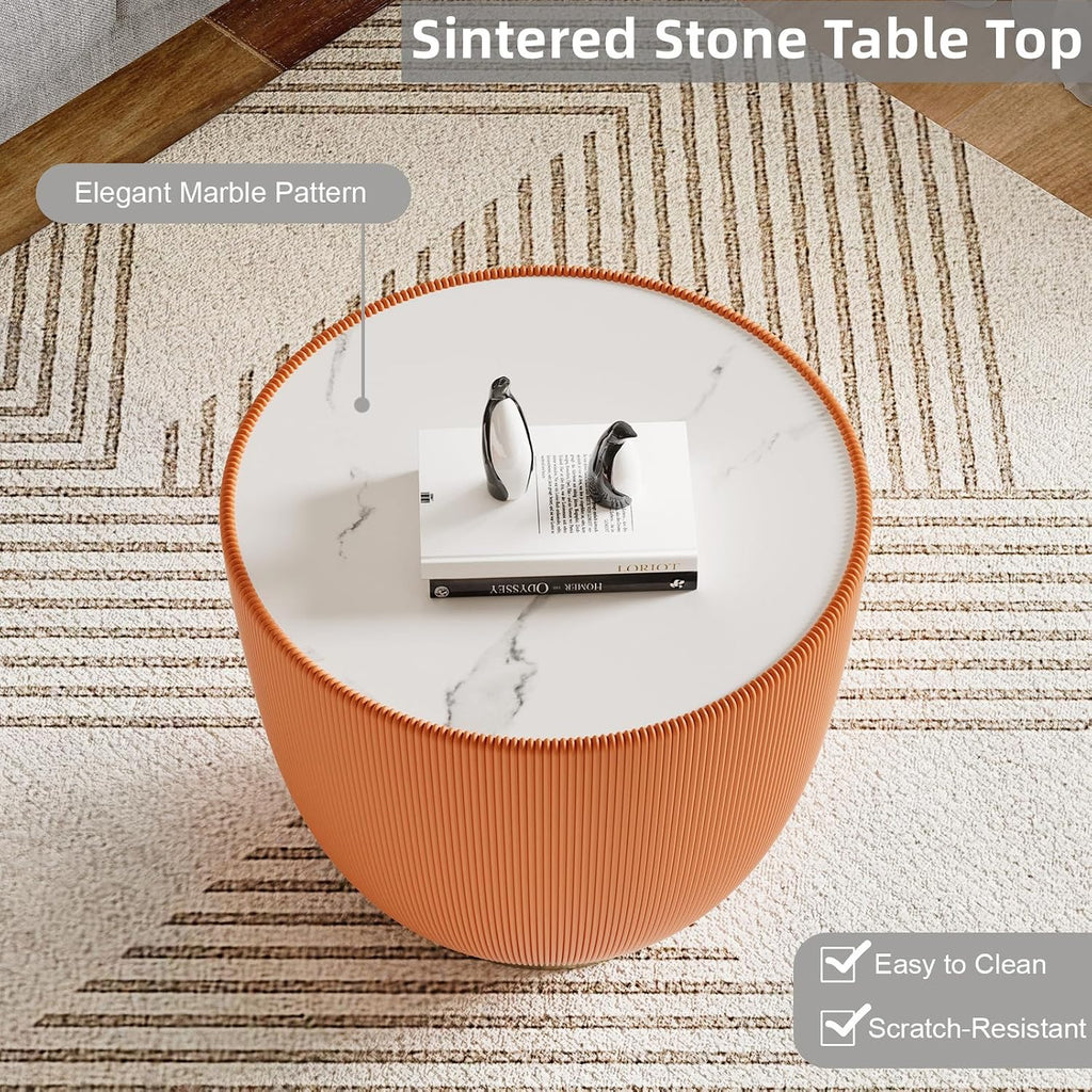 Modern Round End Table Luxury Sintered Stone Top Coffee Table in Orange Leatherette Creative Bowl-Shape Small Coffee Side End Table for Living Room Bedroom,Fully Assembled