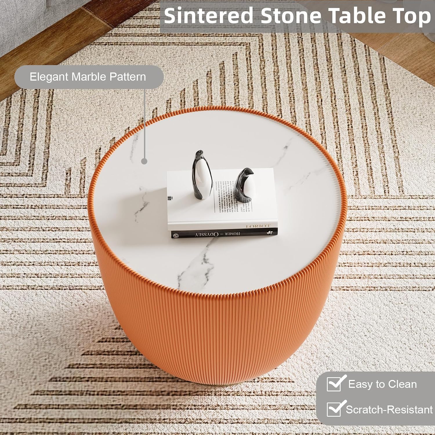 Modern Round End Table Luxury Sintered Stone Top Coffee Table in Orange Leatherette Creative Bowl-Shape Small Coffee Side End Table for Living Room Bedroom,Fully Assembled