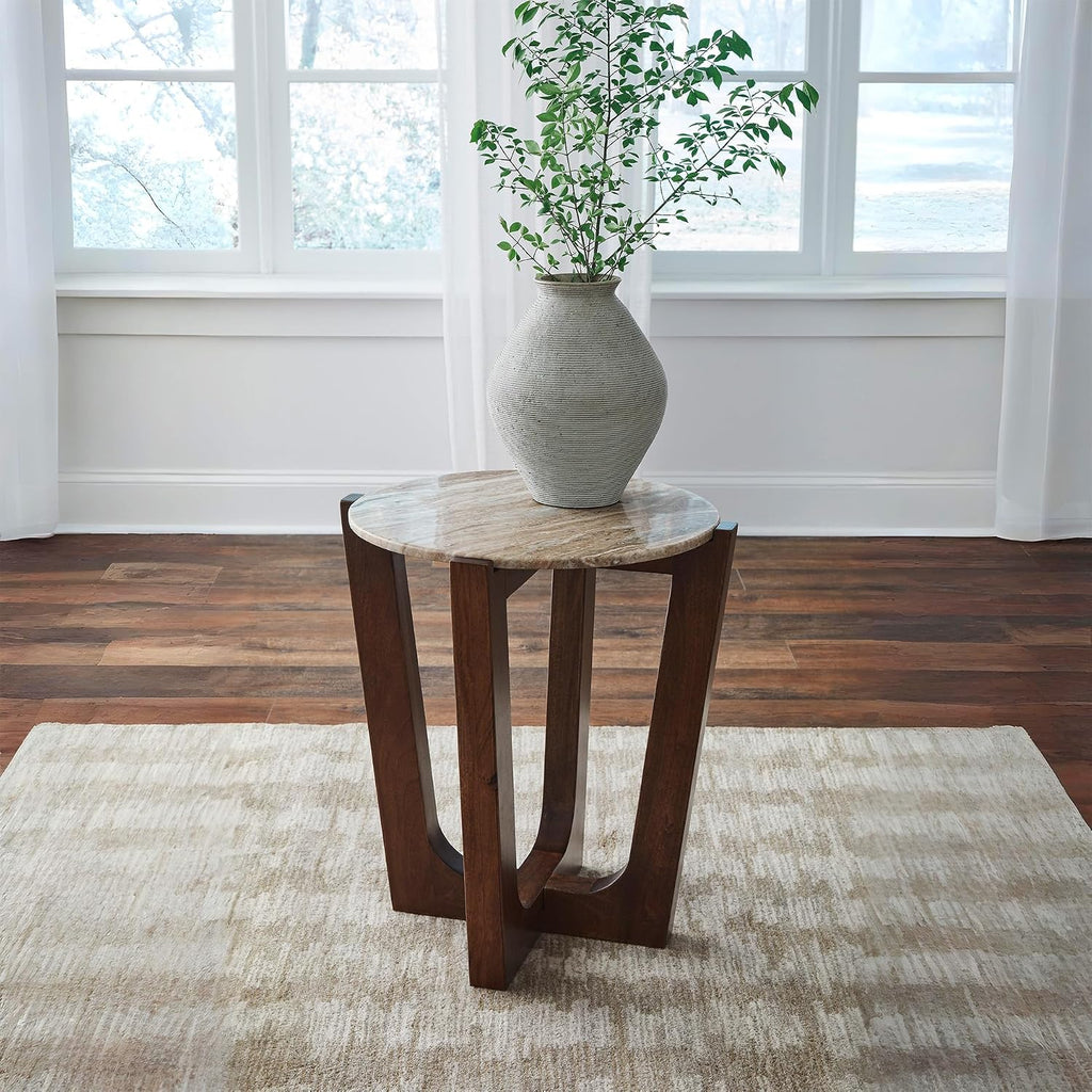 Signature Design by Ashley Tanidore Casual Marble Tabletop End Table with Cross Legs, Light Brown & Dark Brown