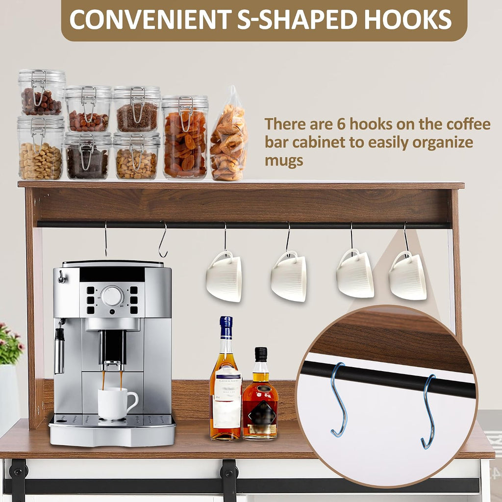 Farmhouse Coffee Bar with Sliding Barn Door, White Home Coffee Bar Station Cabinet with 6 Hooks Adjustable Shelves, Corner Hutch Buffet Cabinets with Storage for Kitchen Living Dining Room