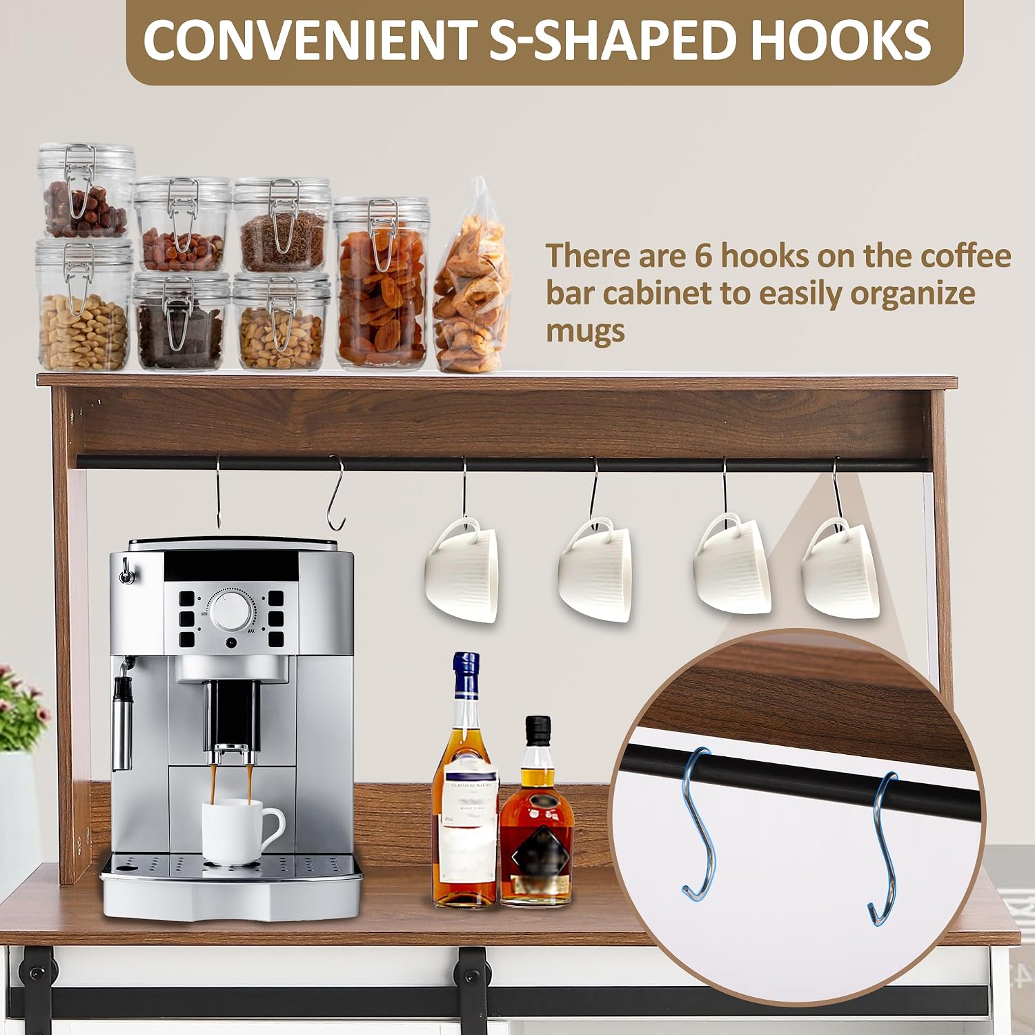 Farmhouse Coffee Bar with Sliding Barn Door, White Home Coffee Bar Station Cabinet with 6 Hooks Adjustable Shelves, Corner Hutch Buffet Cabinets with Storage for Kitchen Living Dining Room