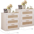 LEYAOYAO Rattan Night Stand Set of 2 with Charger Station, 23' Large 3 Drawer Boho Nightstand, Grey White Bedside Table Storage Cabinet, Bed Side End Tables for Bedroom, Living Room, Hallway