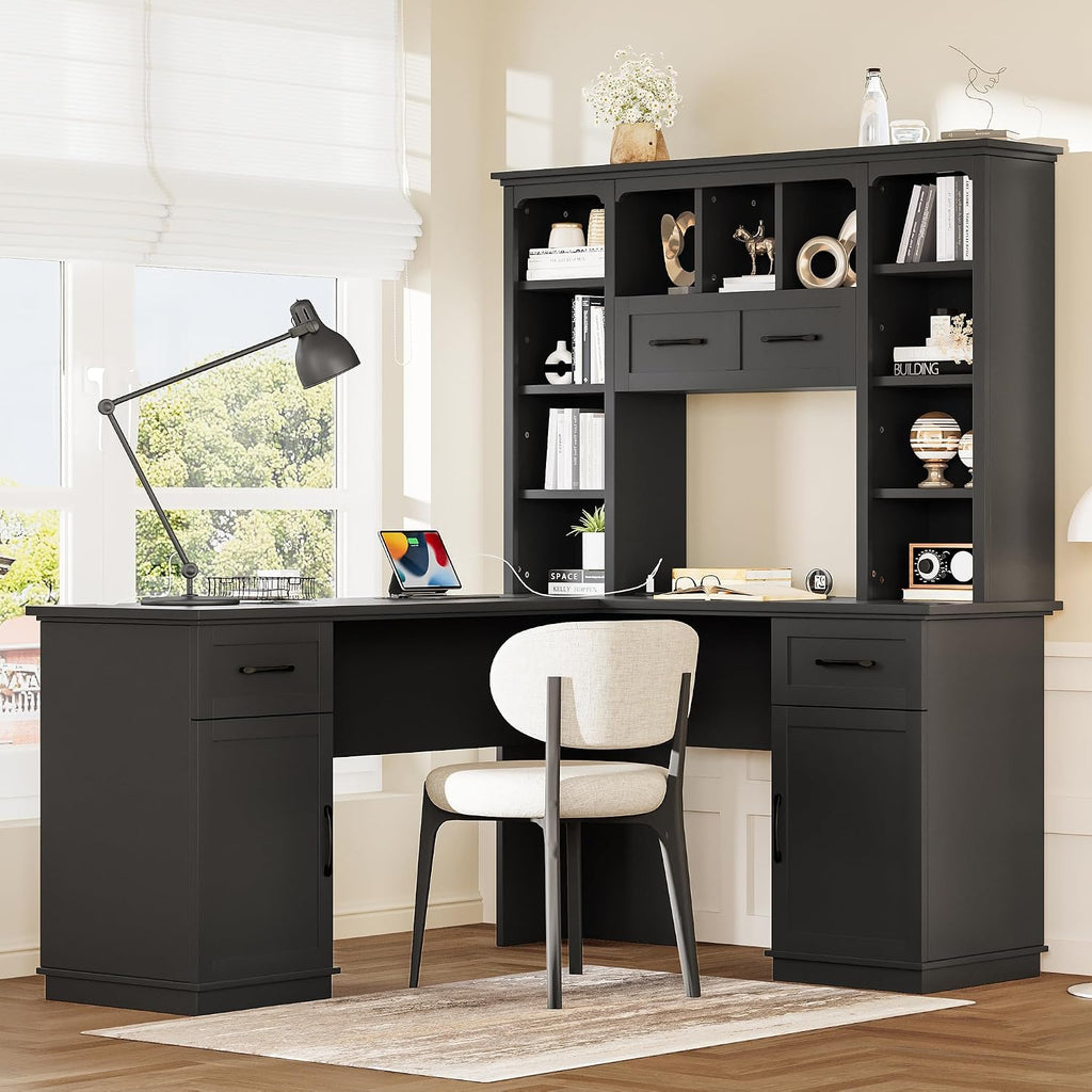 Versatile L-Shaped Computer Desk with 2 Cabinets and 2 Drawers, Power Outlet,11 Open Shelves and 1 Right Flip Shelf,for Study Living Room Office (Black#Drawers)