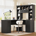 Versatile L-Shaped Computer Desk with 2 Cabinets and 2 Drawers, Power Outlet,11 Open Shelves and 1 Right Flip Shelf,for Study Living Room Office (Black#Drawers)