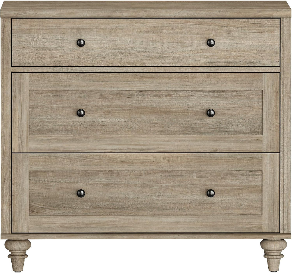 WAMPAT Farmhouse Nightstand with 3 Drawers, Large Wood Bedside Table Night Stand, Wide Sofa Side End Table 3 Drawers Chest of Dresser for Living Room, Bedroom, Grey, 34'