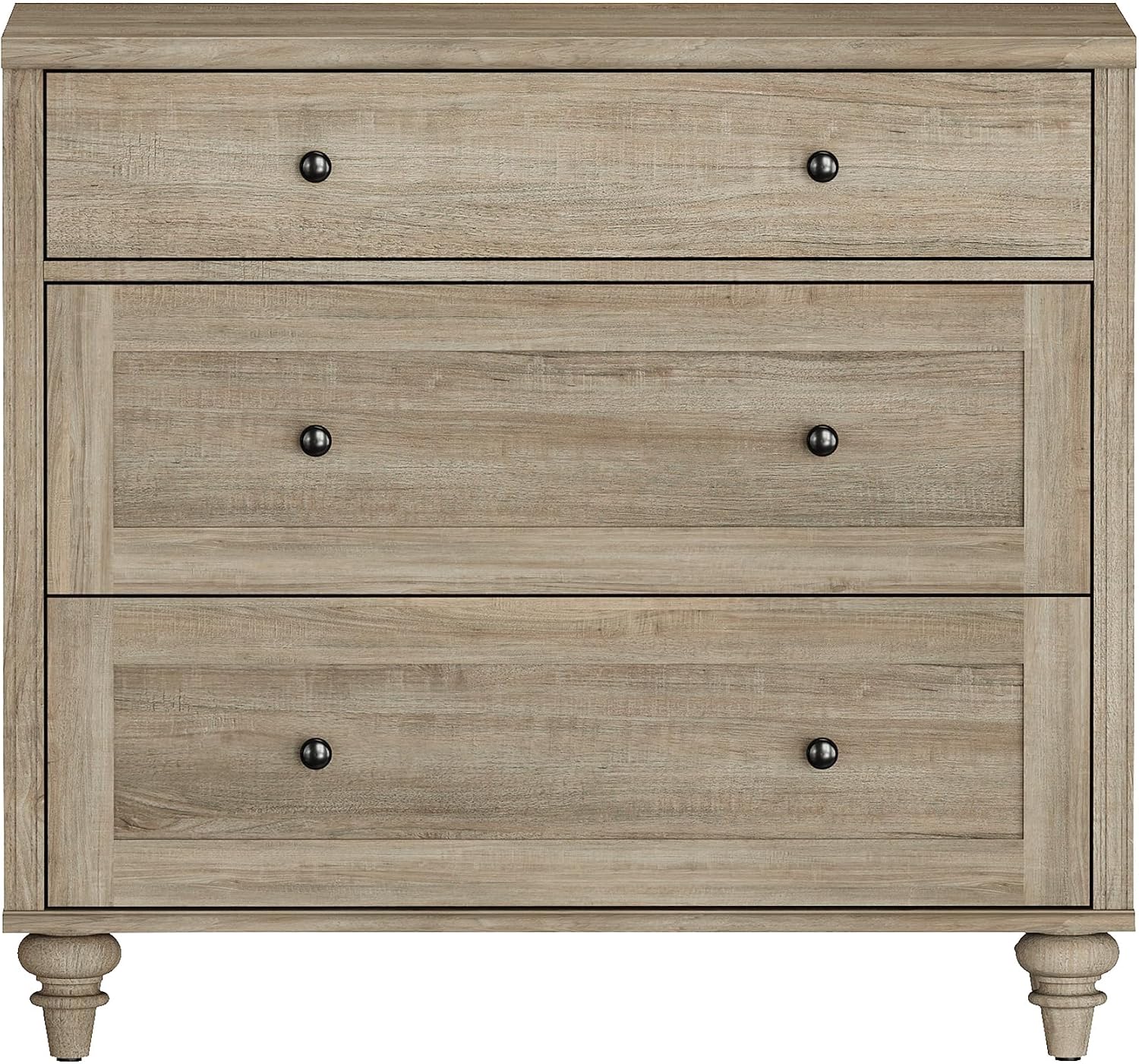 WAMPAT Farmhouse Nightstand with 3 Drawers, Large Wood Bedside Table Night Stand, Wide Sofa Side End Table 3 Drawers Chest of Dresser for Living Room, Bedroom, Grey, 34'