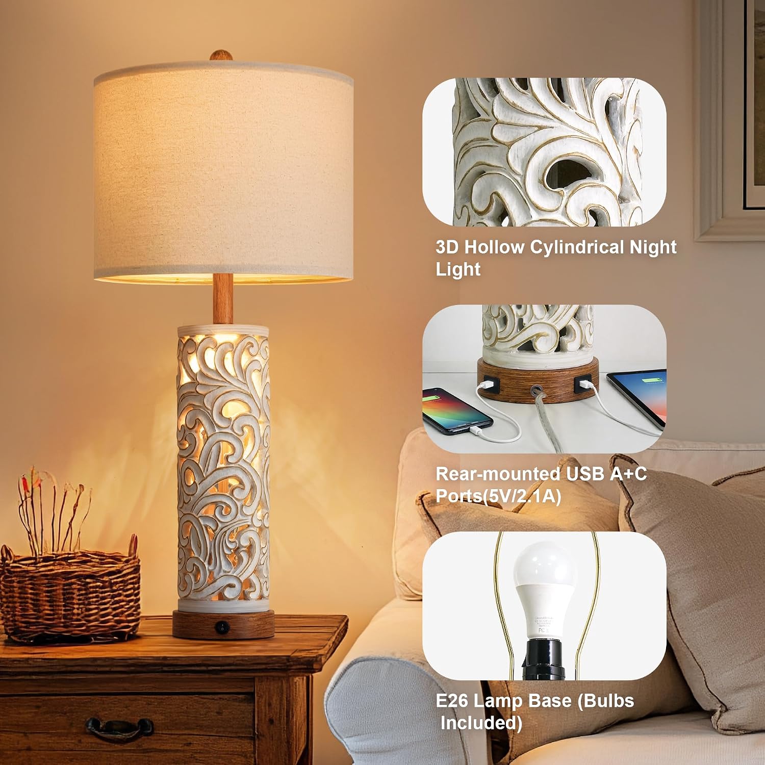 OYEARS 2-in-1 Light Table Lamp Set of 2 for Living Room, 28.5' Farmhouse Bedside Lamps with USB Charging Port, Main&Night Light & Dual Switches, Nightstand Lamp for Bedroom Home Office(Bulb Included)
