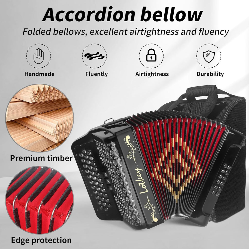 Lotkey 34 Key Diatonic Accordion, 3412 Multi Tone Celluloid Accordions Louder Clearer Timbre than Plastic for Adult, Beginner, Professional with Updated Bag, Straps, Acordeón Wrist Guard (GCF Black)