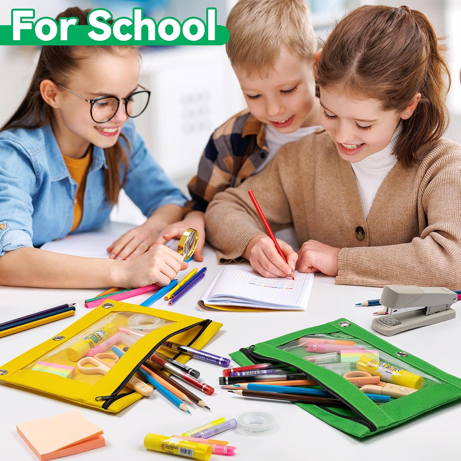 Pencil Pouch for 3 Ring Binder, Bulk 576 Pack 3-Holes Zipper Pencil Pouches in Assorted Colors, Sturdy and Durable Cloth Pencil Holder with Clear Window for Office School College Supplies
