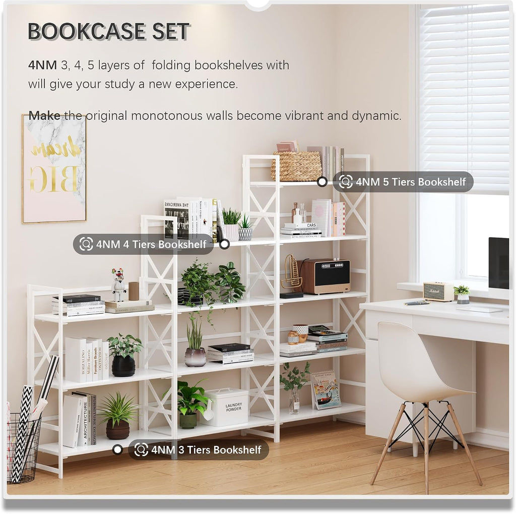 4NM 5 Tiers No Assembly Book Shelves, 51.2' H Folding Bookshelf Bookcase Open Industrial Foldable Shelves for Bedroom, Living Room, Home Office - All White