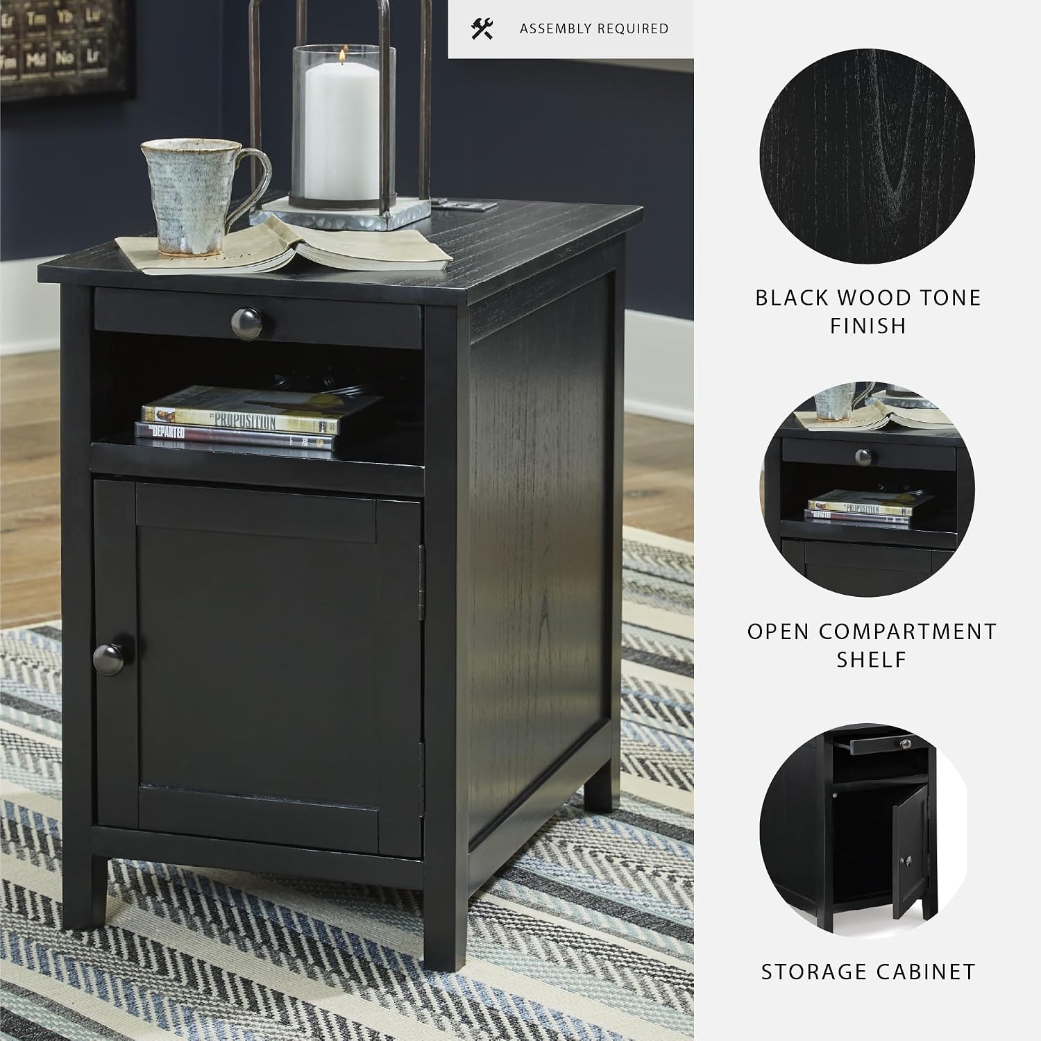 Signature Design by Ashley Treytown Casual Compact Chairside End Table with a Storage Cabinet, Open Cubby Shelf, Pull-Out Tray & USB Charging Ports, Black