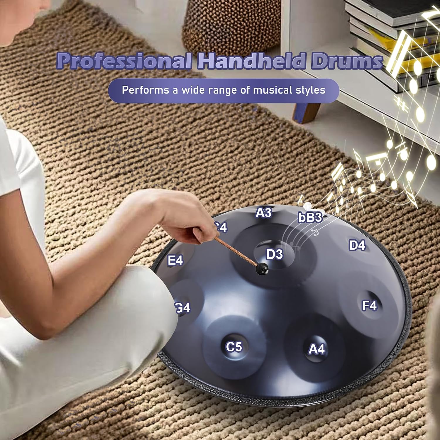 Handpan 22 Inches Drum Set, 440Hz 12 Notes Hand Drum Instrument, Premium Steel Hand Drum, Includes Carrying Case, Drumsticks, Spiral Wraps, Instruction Guide (22 Inches -10 Note -Blue)