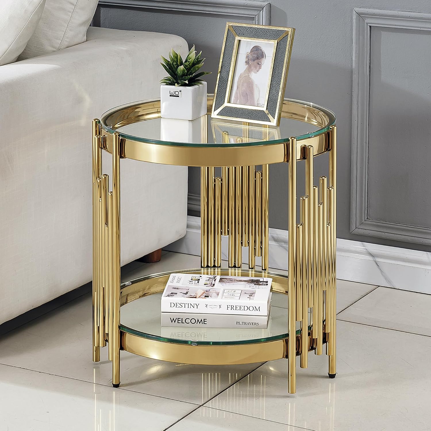 20' Round Glass End Table, 2-Tier Gold Side Table with Stainless Steel Legs and Clear Tempered Glass, Modern Luxury End Table for Living Room Home Office