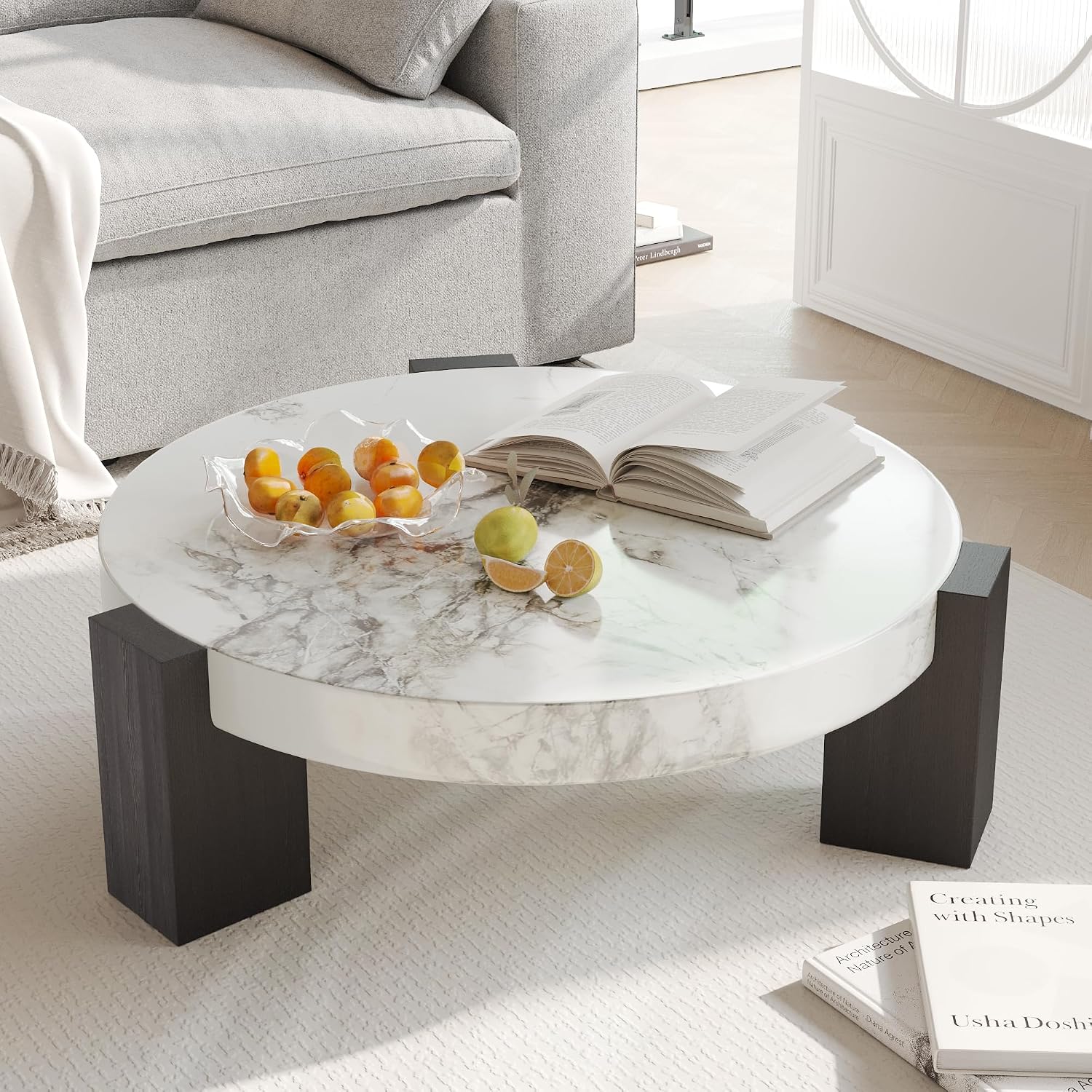 35.43' Modern Round Coffee Table,White Center Coffee Table with Faux Marble Texture Surface& Strong Wood Legs,Round Center Coffee Table for Living Room/Apartment/Farmhouse/Office(Only Table)