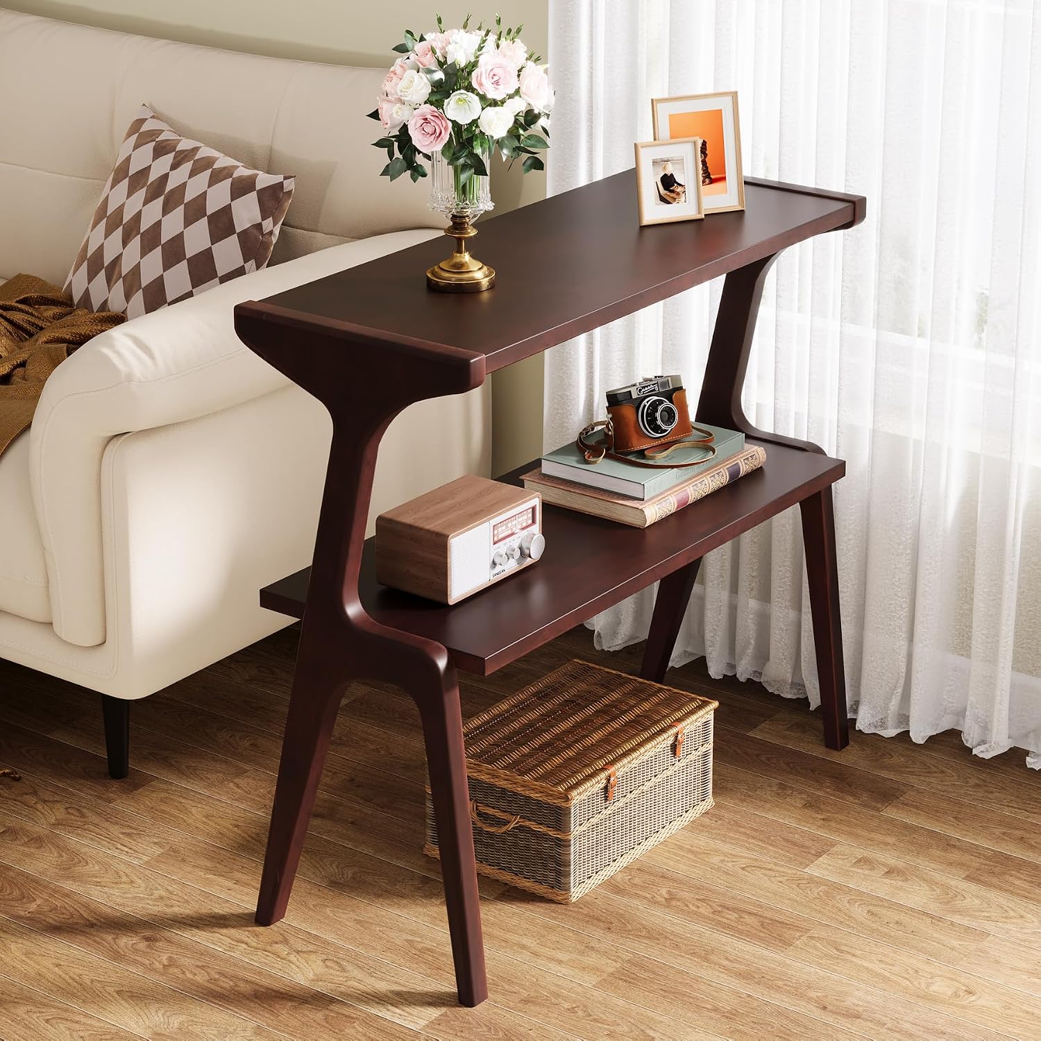 Tribesigns Set of 2 Wood Side Table, 2-Tier Narrow Tall End Table, Slim Side Table for Couch, Long Bedside Table for Bedroom, Living Room, Burgundy
