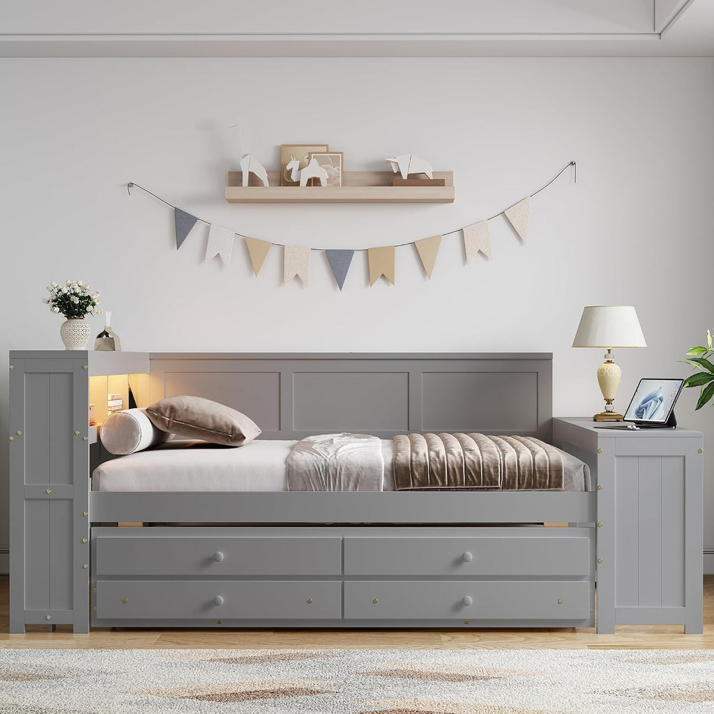 Merax Corner Full Bed Frame with Desk and Led Lights,Wood Platform Bed Frame with Trundle and 2 Drawers,Full Size Daybed with Storage and Charging Station for Living Room,Bedroom,Guest Room,Grey