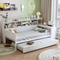 Wood Twin Size Corner Day Bed with Twin Trundle and Desk,L Shape Corner Daybed Frame with Storage Shelves and Wood Slat Support for Kids Teens Bedroom Guest Room,No Box Spring Needed,Antique White
