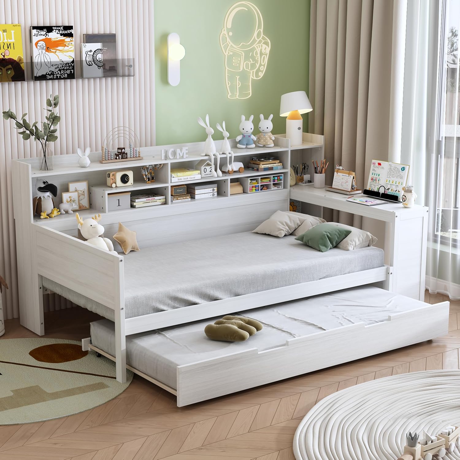 Wood Twin Size Corner Day Bed with Twin Trundle and Desk,L Shape Corner Daybed Frame with Storage Shelves and Wood Slat Support for Kids Teens Bedroom Guest Room,No Box Spring Needed,Antique White