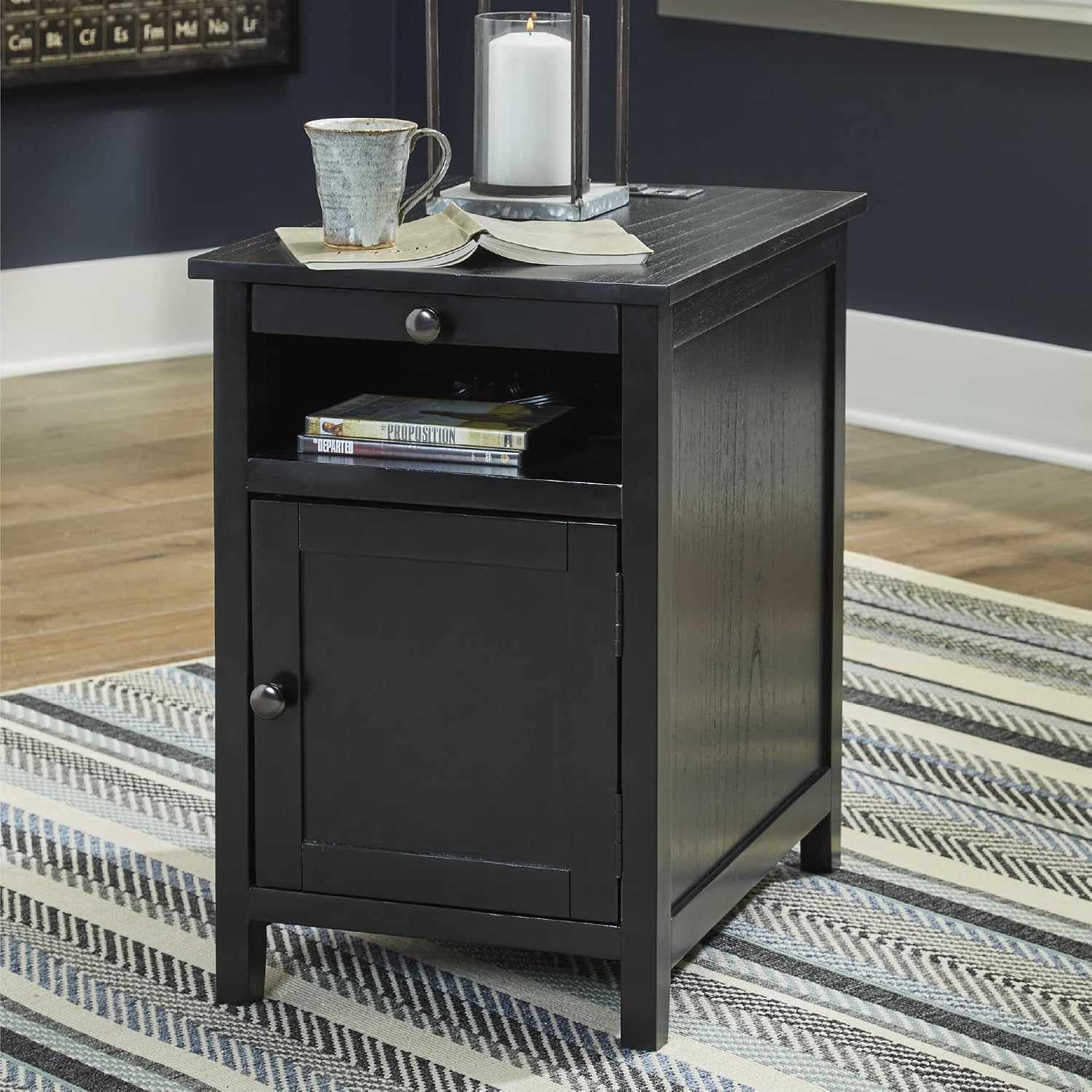 Signature Design by Ashley Treytown Casual Compact Chairside End Table with a Storage Cabinet, Open Cubby Shelf, Pull-Out Tray & USB Charging Ports, Black