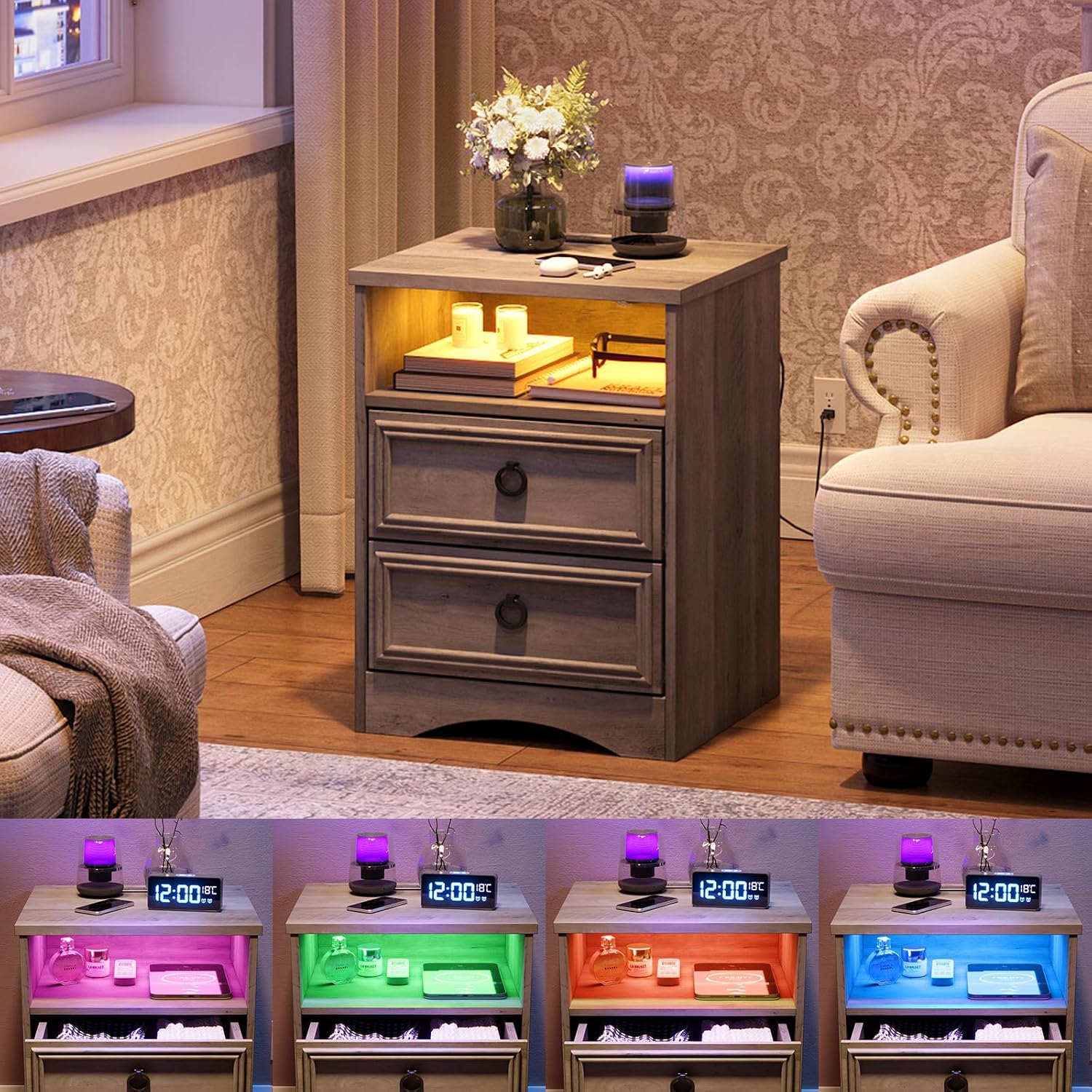 Large Nightstand Set of 2 with Drawers,17.7'W Accent Night Stand with Charger Station LED Lights, Bed Side Table with 2 Drawers, End Table with Easy Open Storage for Bedroom, Living Room,Gray